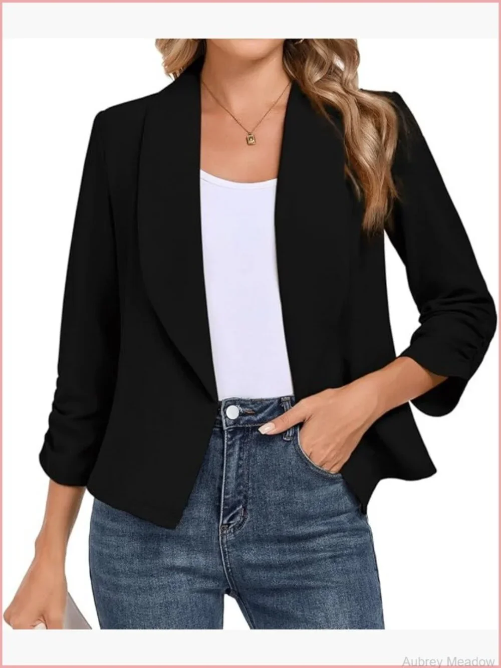 Casual Open Front Blazer 3/4 Sleeve Slim Fit Lightweight Work Jacket